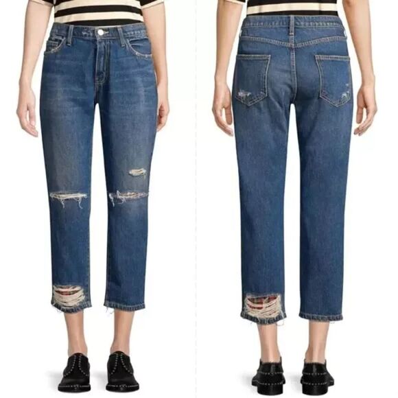 CURRENT ELLIOTT Women's Distressed Red Plaid Cropped Boyfriend Blue Jeans 32 - Picture 1 of 7
